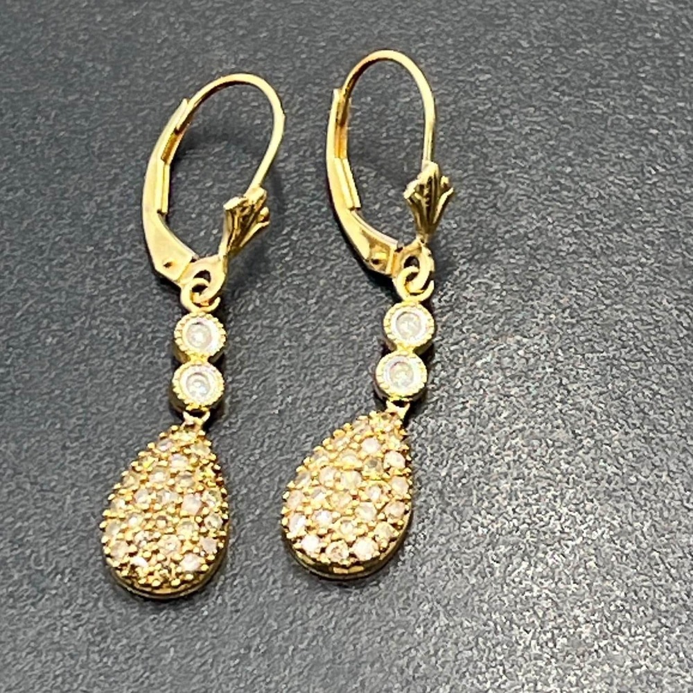 Mexico Dice Signed 14K Yellow Gold White Brown Diamond Dangle Drop Earring 2.6 g